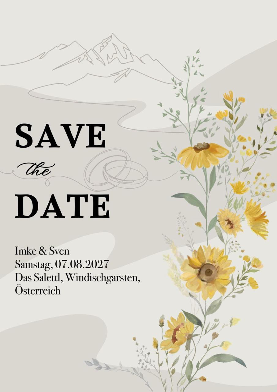 Unsere Save-the-Date-Einladung mit gelben Blumen und feinen Berglinien